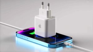 Illustration of the Apple 40W Dynamic Power Adapter featuring the USB Power Delivery 3.2 AVS protocol.