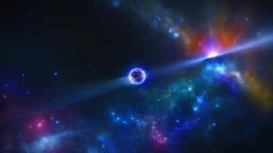 Illustration of the detection of an extraordinarily energetic neutrino linked to primordial black holes.