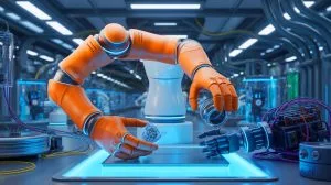 Illustration of the concept of embodied artificial intelligence with a soft robotic arm interacting with its environment.