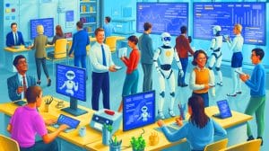 Illustration of digital helpers interacting with humans in various everyday scenarios.