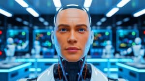 Illustration of a humanoid robotic head with lifelike facial expressions developed by AheadForm.