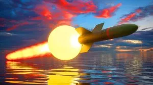 Illustration of a Hellfire missile bouncing off a mysterious orb captured by a drone.