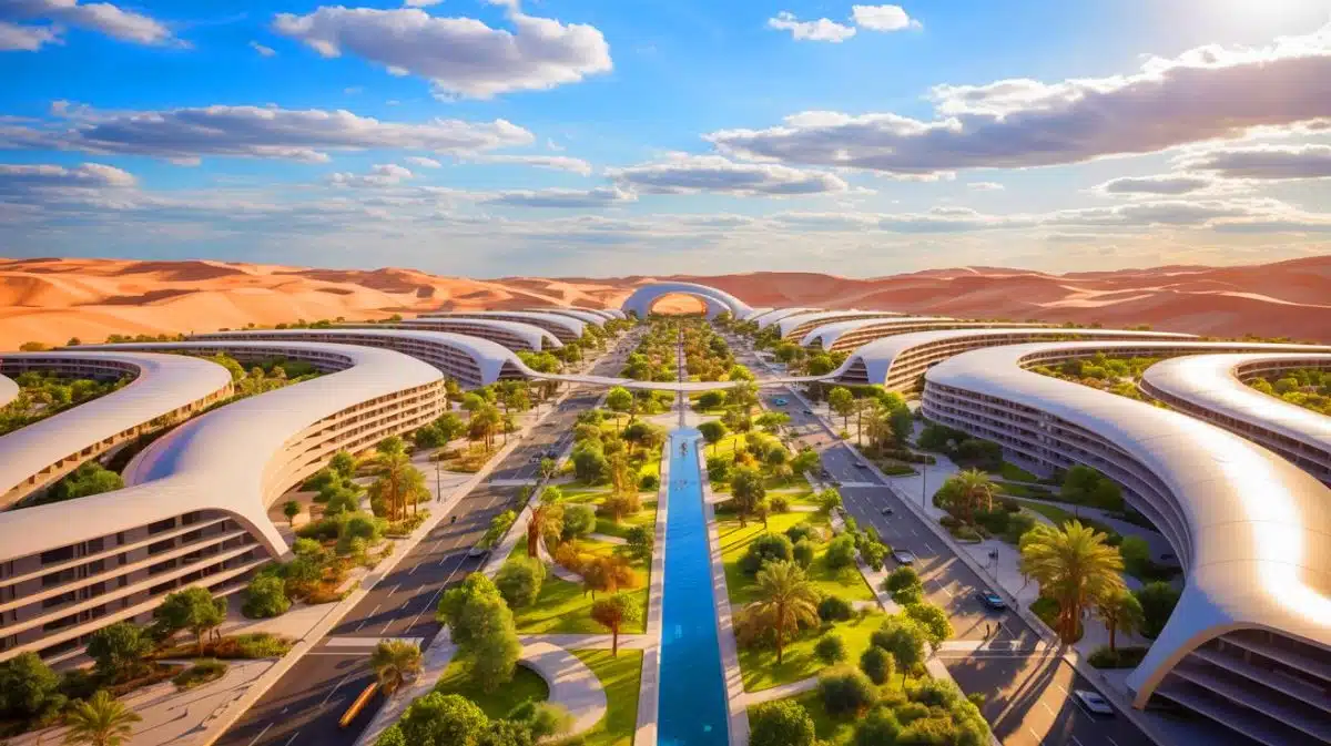 “Two Kilometer Shaded Oasis”: Zaha Hadid Architects Unveils Nature Focused City With Wind Swept Desert Dune Architecture Illustration of the Khalid Bin Sultan City emerging from the Sharjah desert, centered around a park reminiscent of an oasis.