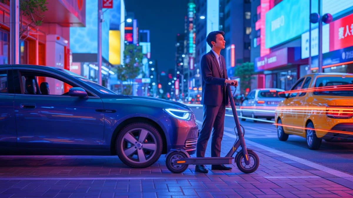 “China’s Reverse Uber Uses Folding Scooters”: Drunk Customers Get Driven Home in Their Own Cars While Driver Stows Electric Bike in Trunk Illustration of a designated driver using a folding scooter to navigate through traffic in China.