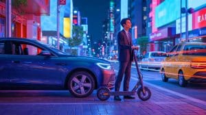 Illustration of a designated driver using a folding scooter to navigate through traffic in China.