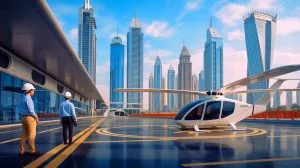Dubai Builds World’s First Flying Taxi Station With Advanced Automation for Electric Vertical Takeoff Landing Vehicles Illustration of the construction site of Dubai's DXV flying taxi station.