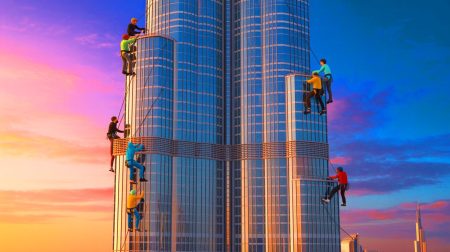 Illustration of eight remarkable individuals who have scaled the Burj Khalifa.