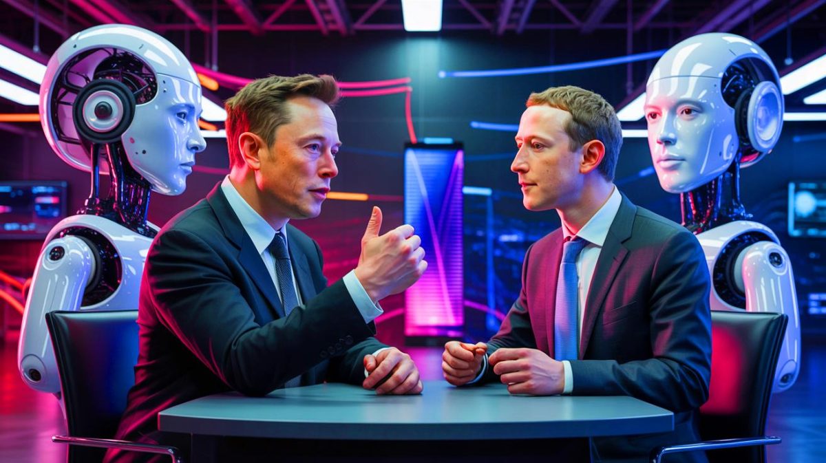 “Musk Offers $97.6 Billion to Steal ChatGPT”: Desperate Billionaire Begs Zuckerberg to Block Microsoft While Getting Completely Ignored and Humiliated Illustration of Elon Musk and Mark Zuckerberg in a strategic discussion about artificial intelligence acquisition.
