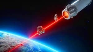 Illustration of the European Space Agency's laser system deflecting space debris.