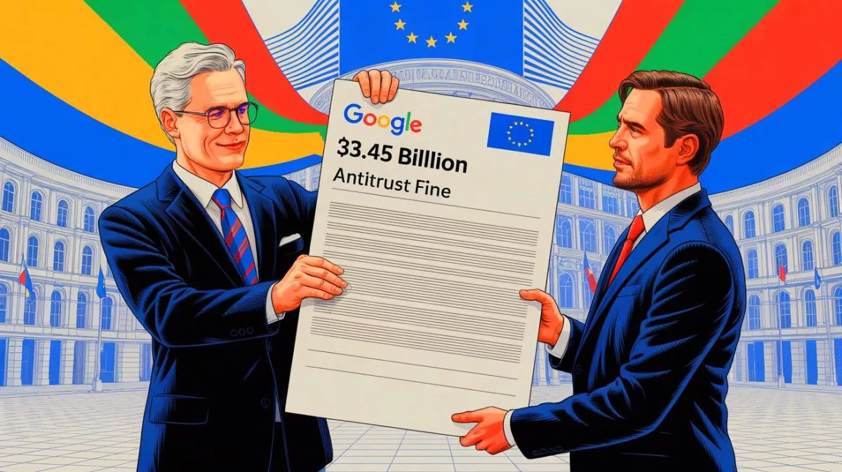 “This Is Wrong and Discriminatory”: European Union Fines Google 3.45 Billion Dollars for Anti Competitive Adtech Self Preferencing Practices Illustration of the European Union imposing a $3.45 billion fine on Google for adtech self-preferencing practices.