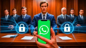 Illustration of a whistleblower confronting a tech giant over alleged data security failures.