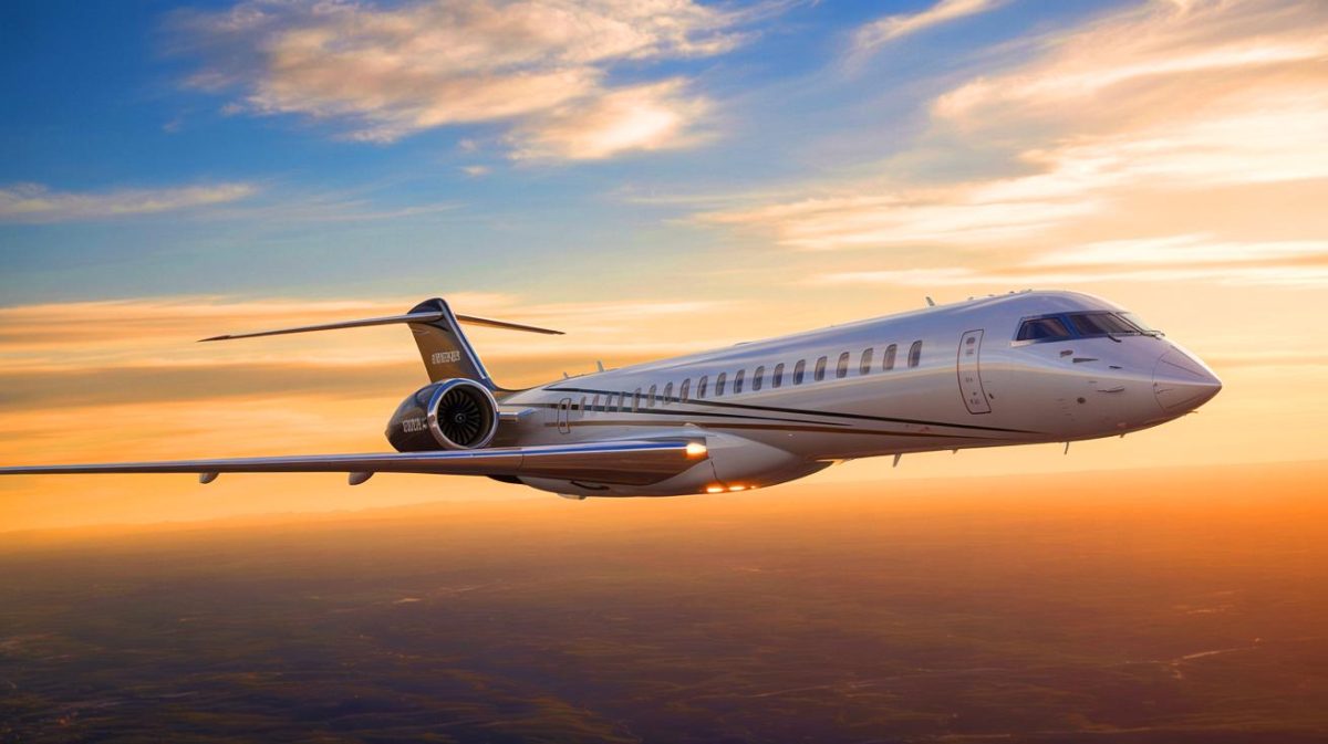 Illustration of the Bombardier Global 8000 aircraft showcasing its speed, luxury, and sustainability features.
