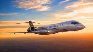 Illustration of the Bombardier Global 8000 aircraft showcasing its speed, luxury, and sustainability features.
