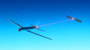 Illustration of an aircraft using a laser system to communicate with a low-Earth orbit satellite.