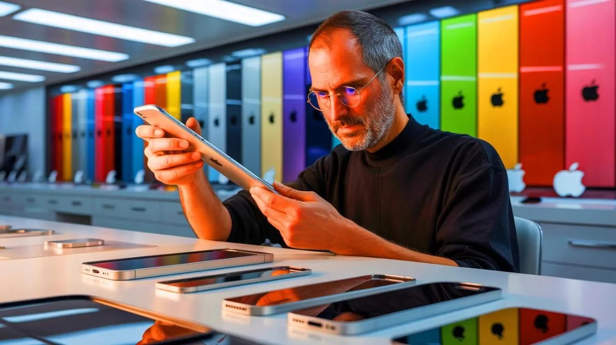Illustration of Steve Jobs meticulously examining a product design detail.