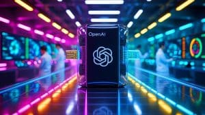 Illustration of the OpenAI logo and a Google quantum computer.