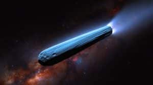 Illustration of 3I/ATLAS as it travels through the solar system with an unusual trajectory.