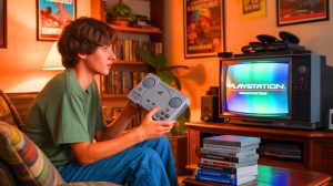 Illustration of a young gamer holding a PlayStation 1 gifted by his grandfather.