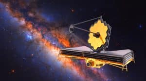 Illustration of the James Webb Space Telescope observing Sagittarius B2 in the Milky Way galaxy.