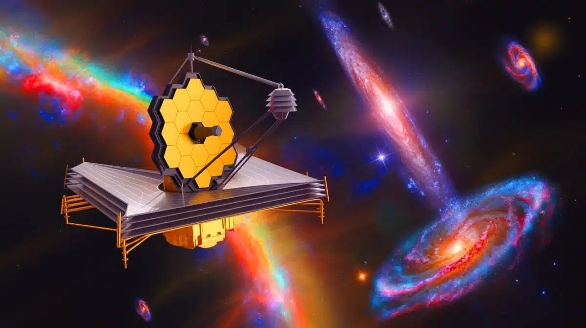 “60% Rotate Clockwise”: James Webb Telescope Discovers Ancient Galaxies Share Directional Pattern Challenging Cosmic Randomness Theories Illustration of the James Webb Space Telescope observing ancient galaxies and analyzing their rotational patterns.
