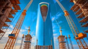 Illustration of the Jeddah Tower construction site with cranes and partially completed structure.