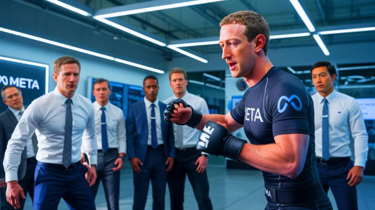 “Too Intimate and Uncomfortable”: Meta Executives Forced Into MMA Training With Zuckerberg at Hawaiian Octagon Illustration of Mark Zuckerberg engaging in MMA training with Meta executives.