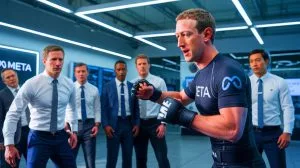 Illustration of Mark Zuckerberg engaging in MMA training with Meta executives.