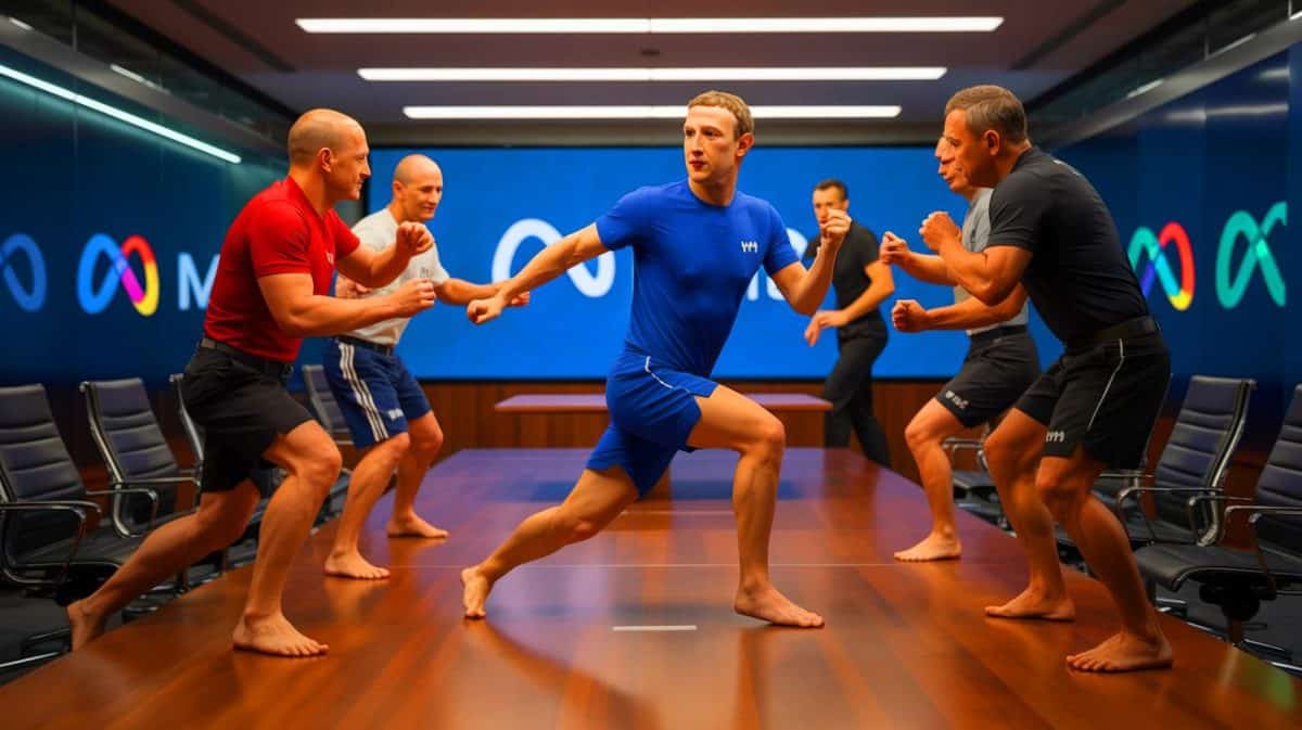 Illustration of Mark Zuckerberg engaging in mixed martial arts training with a senior employee.