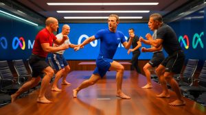 Illustration of Mark Zuckerberg engaging in mixed martial arts training with a senior employee.