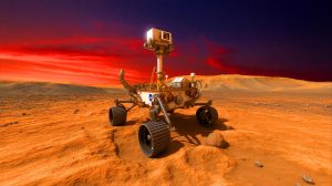 Illustration of NASA's Perseverance rover exploring Mars' Jezero Crater in search of ancient microbial life.