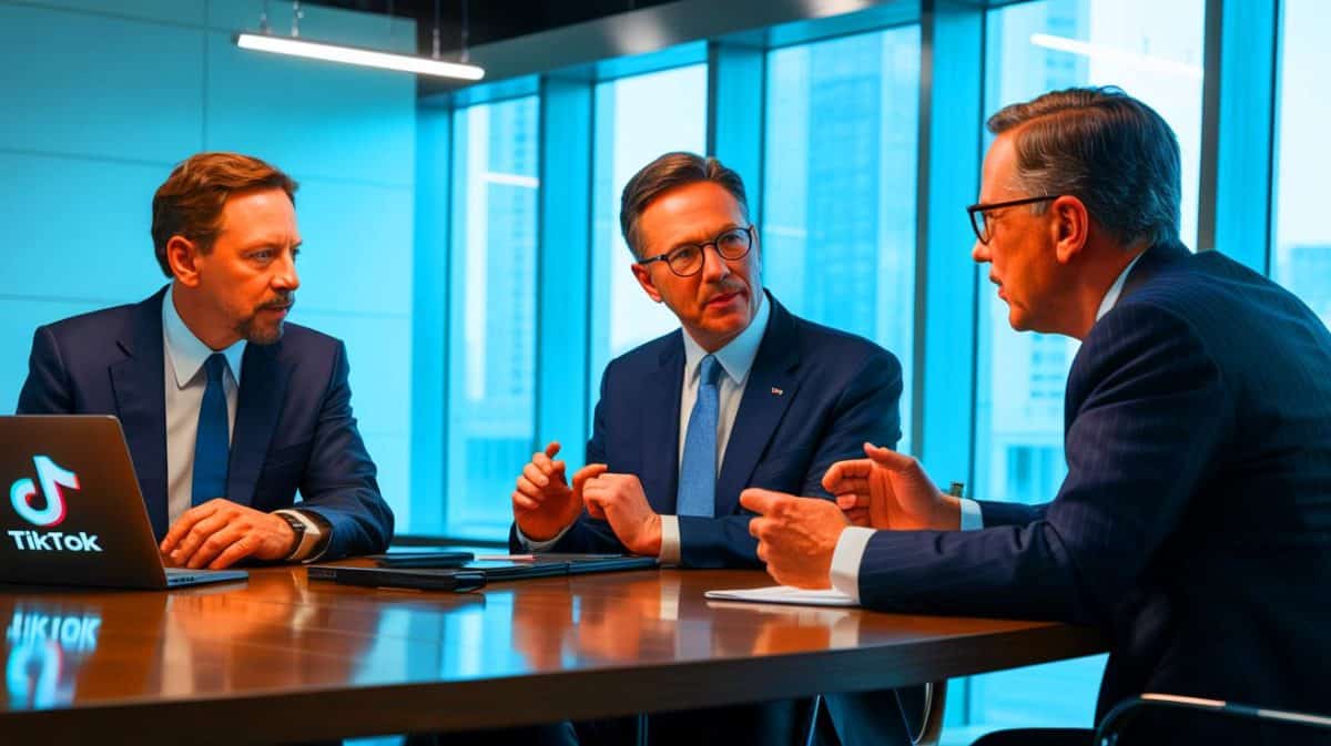 “TikTok Is Now American Property”: Billionaires Take Control Of Your Data While China Loses Everything In Forced Sale Illustration of prominent figures involved in TikTok's U.S. acquisition, including Larry Ellison, Michael Dell, and Rupert Murdoch.