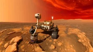 Illustration of the Perseverance rover collecting a sample in Mars' Jezero Crater.