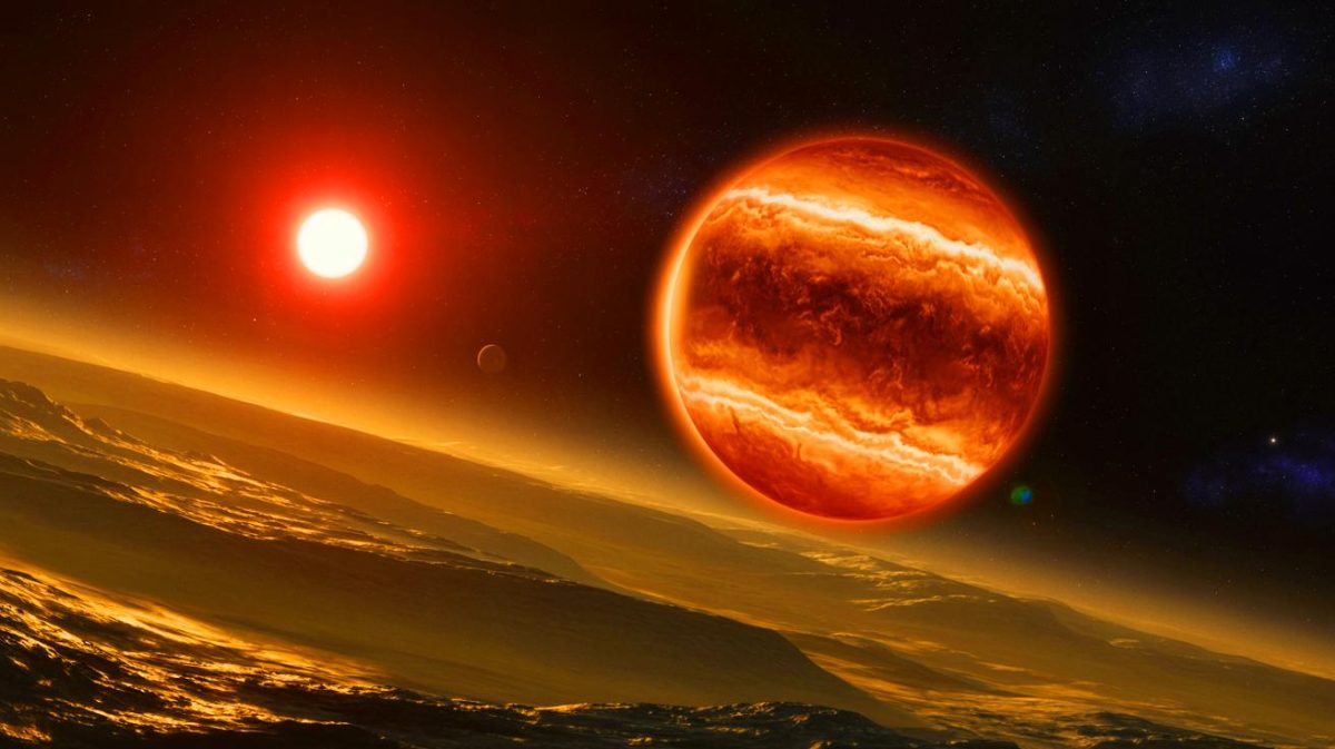 Illustration of a distant exoplanet orbiting a dim red star, potentially harboring a nitrogen-rich atmosphere.