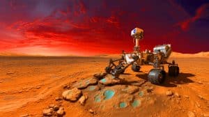 Illustration of NASA's Perseverance rover examining rocks with organic materials in Mars' Jezero Crater.