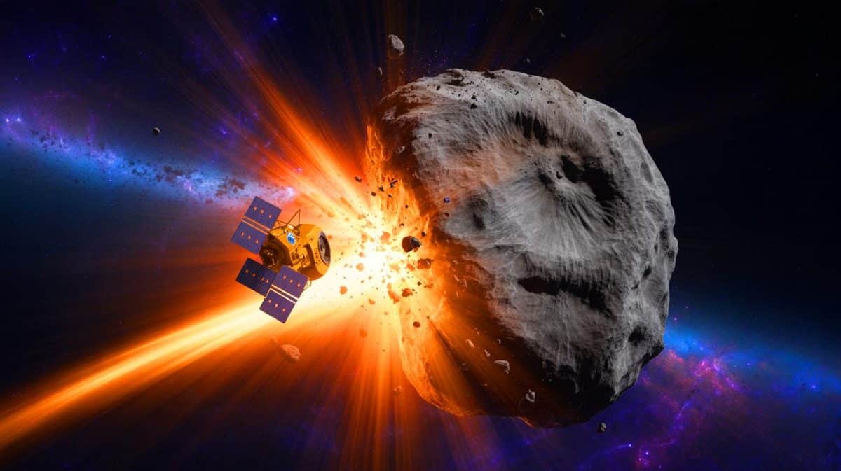 Illustration of NASA's DART mission impacting the asteroid Dimorphos, altering its trajectory and shape.