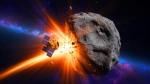Illustration of NASA's DART mission impacting the asteroid Dimorphos, altering its trajectory and shape.