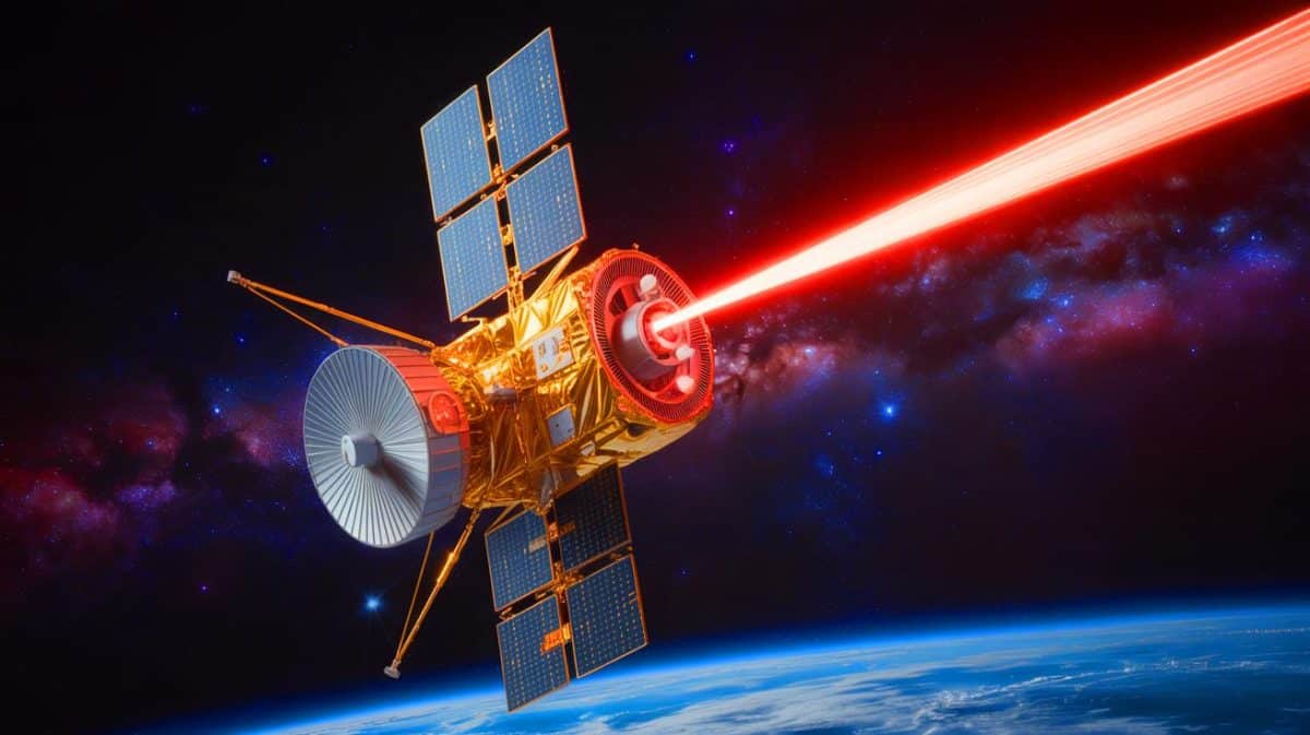 “NASA Engineers Call It A Historic First”: Psyche’s Laser Message Travels 307 Million Miles And Redefines Future Of Mars Communications Illustration of NASA's Psyche spacecraft transmitting an infrared laser message back to Earth.