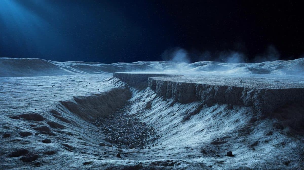 Illustration of the Moon's surface showcasing active landslides triggered by moonquakes.