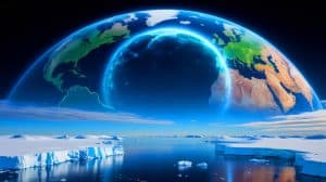 Illustration of the shrinking ozone hole over Antarctica in 2024, highlighting environmental recovery efforts.