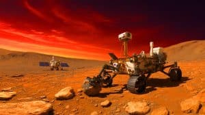 Illustration of NASA’s Perseverance rover next to a cache of sealed Mars sample containers.