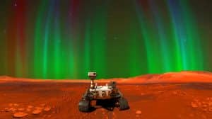Illustration of how the aurora might appear in the Martian sky above the Perseverance rover.