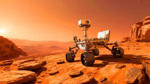 Illustration of NASA's Mars rover exploring the Martian surface in search of signs of ancient life.