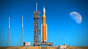 Illustration of NASA's Space Launch System preparing for the Artemis II mission to the Moon.