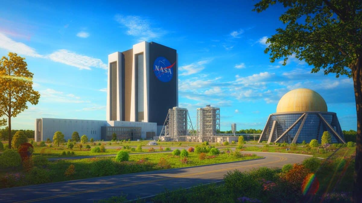 Illustration of NASA's Goddard Space Flight Center undergoing restructuring amidst budget cuts.