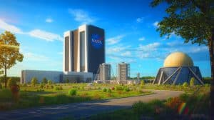 Illustration of NASA's Goddard Space Flight Center undergoing restructuring amidst budget cuts.