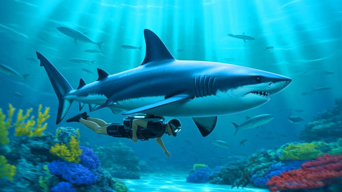 “Humans Flying Like Sharks at 5.8 MPH”: Revolutionary Jet Pack With Dorsal Fin Propeller Lets Divers Soar 131 Feet Underwater Illustration of a biomimetic Shark Jet Pack inspired by shark anatomy for enhanced underwater exploration.