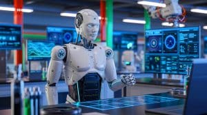 Illustration of NVIDIA's advancements in humanoid robotics with integrated physics and AI technologies.