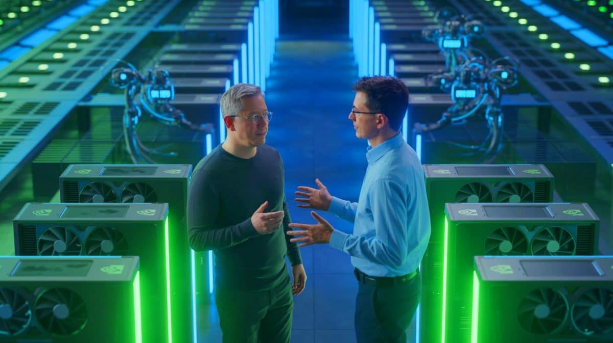 “NVIDIA Just Spent $100 Billion On AI”: Company Builds 5 Million GPU Monster While Stock Market Explodes In Panic Illustration of Jensen Huang and Sam Altman Announcing a $100 Billion Investment in AI Data Centers.
