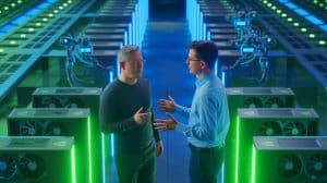 Illustration of Jensen Huang and Sam Altman Announcing a $100 Billion Investment in AI Data Centers.