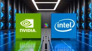 Illustration of Nvidia and Intel's historic partnership in artificial intelligence and high-performance computing.